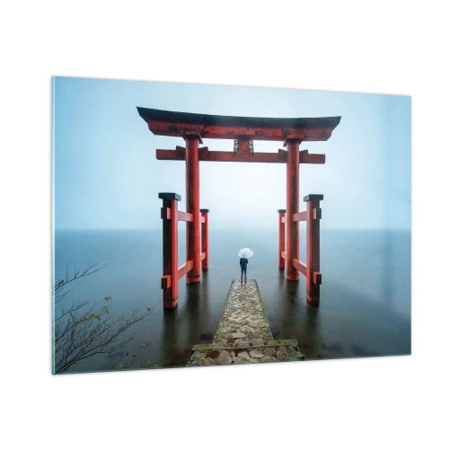 Quadro su vetro - Un torii rosso su acque calme in un ambiente nebbioso - 100x70cm - Meditazione giapponese - Decorazione murale moderna per soggiorno e camera da letto ARTTOR