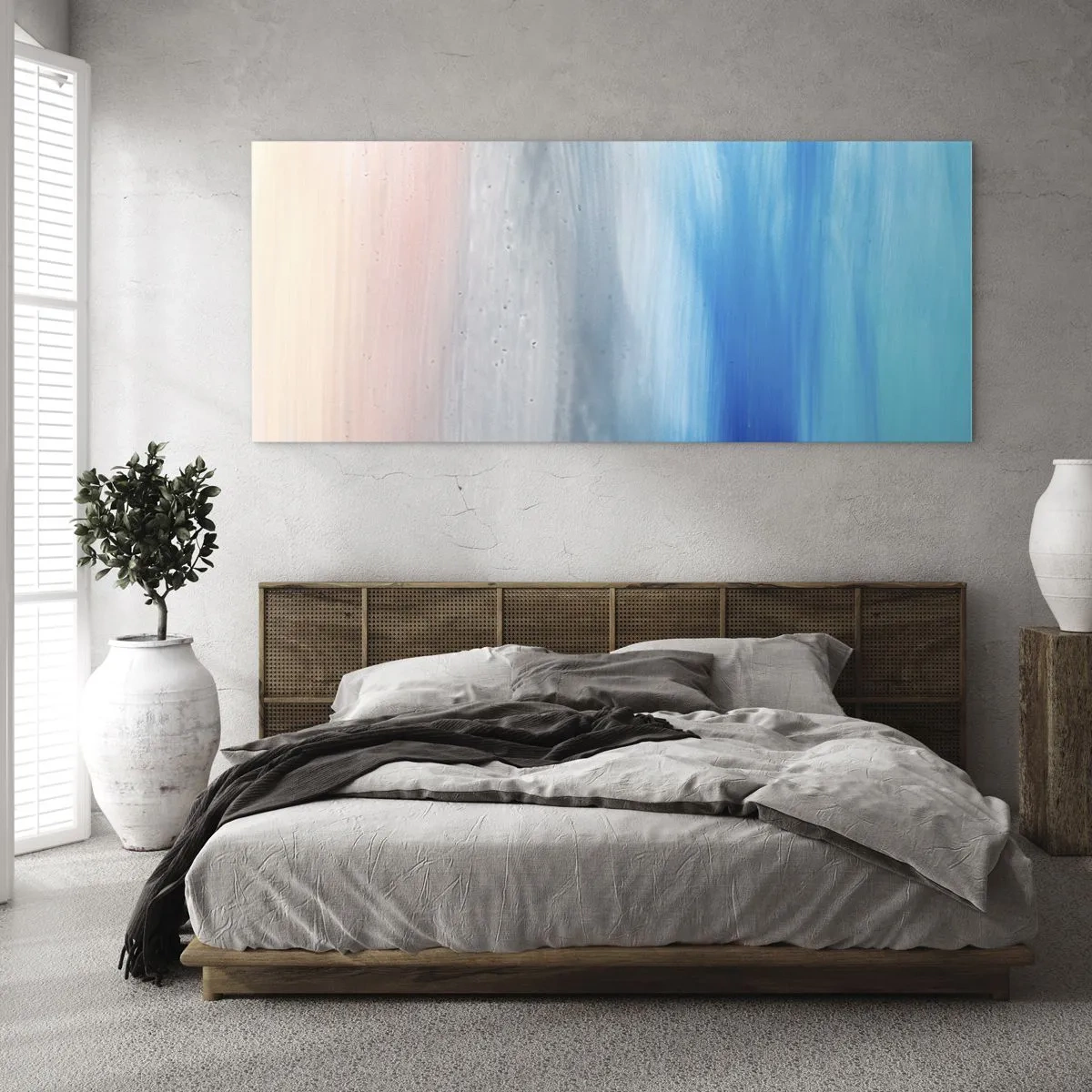 Quadro su vetro - Pennellate astratte nei toni del blu e del rosa - 140x50cm - Gli elementi: l'aria - Decorazione murale moderna per soggiorno e camera da letto ARTTOR