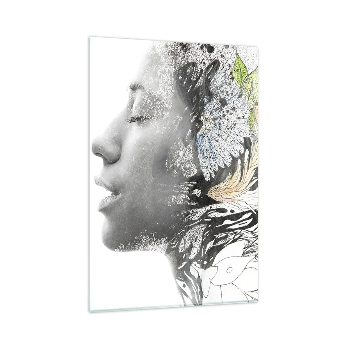 Quadro su vetro - Profilo di una donna in un collage artistico di natura e oscurità - 80x120cm - Immersa nella natura - Decorazione murale moderna per soggiorno e camera da letto ARTTOR