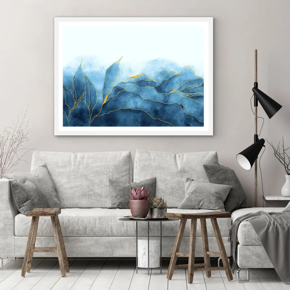 Poster in cornice bianca - Blu nell'oro - 70x50 cm