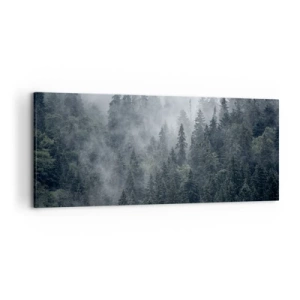 Quadro su tela - Stampe su Tela - Foresta di conifere nebbiosa nei toni del grigio e del verde - 120x50cm - Alba nel bosco - Decorazione murale moderna per soggiorno e camera da letto ARTTOR
