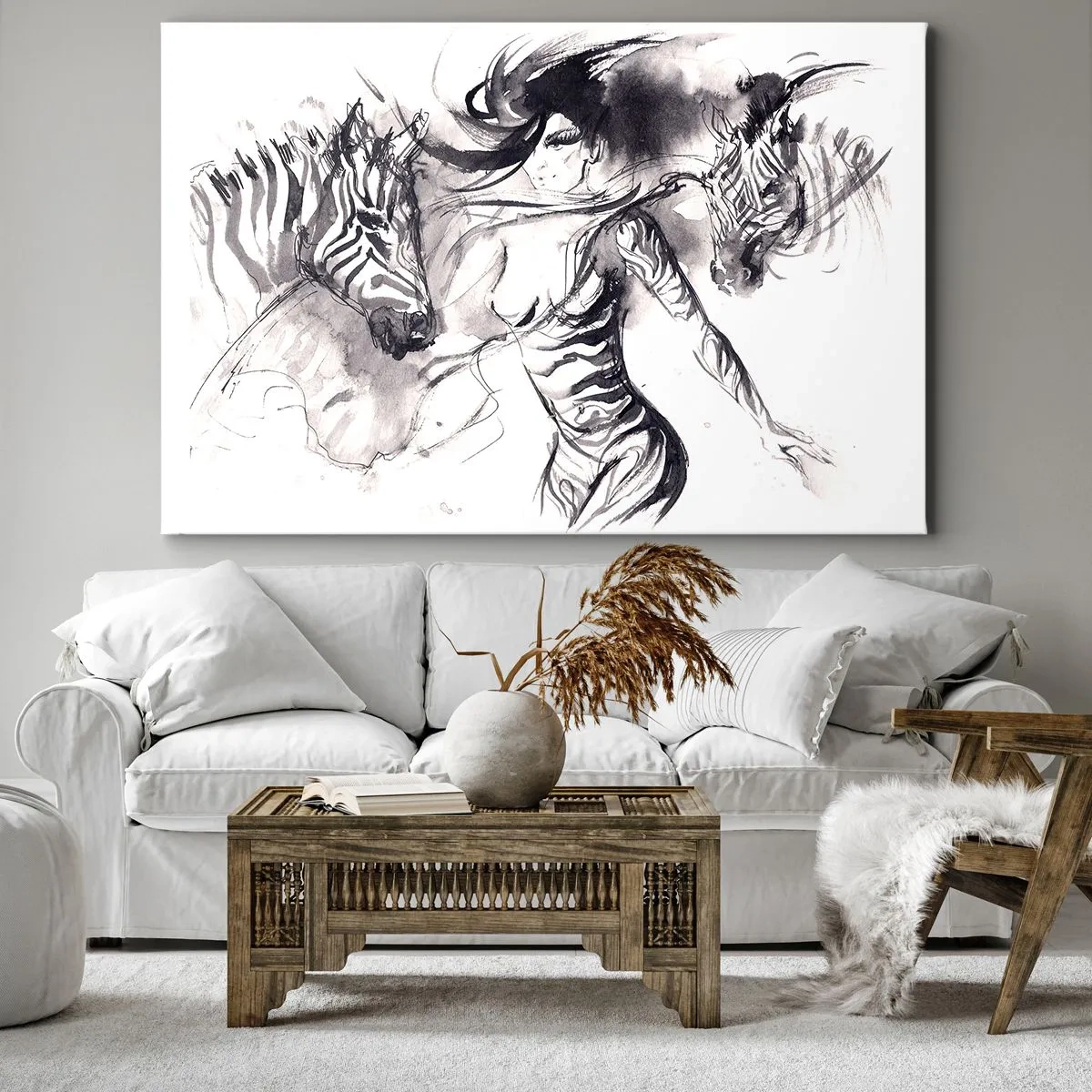 Quadro su tela - Stampe su Tela - Una donna in una danza dinamica con zebre in un'estetica in bianco e nero - 100x70cm - Ballando con le zebre - Decorazione murale moderna per soggiorno e camera da letto ARTTOR
