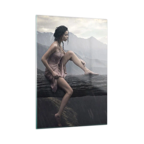 Quadro su vetro - Una donna e un gatto su un tronco di legno in un paesaggio piovoso - 50x70cm - Cime di bellezza - Decorazione murale moderna per soggiorno e camera da letto ARTTOR