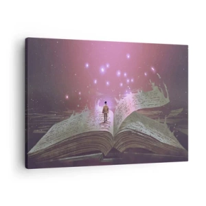 Quadro su tela - Stampe su Tela - Una figura cammina su un libro aperto in una luce magica. - 70x50cm - Invito ad un altro mondo: leggi! - Decorazione murale moderna per soggiorno e camera da letto ARTTOR