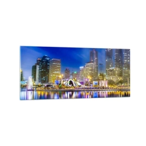 Quadro su vetro - Panorama notturno della città con luci riflesse sull'acqua - 120x50cm - Notte multicolore della metropoli - Decorazione murale moderna per soggiorno e camera da letto ARTTOR