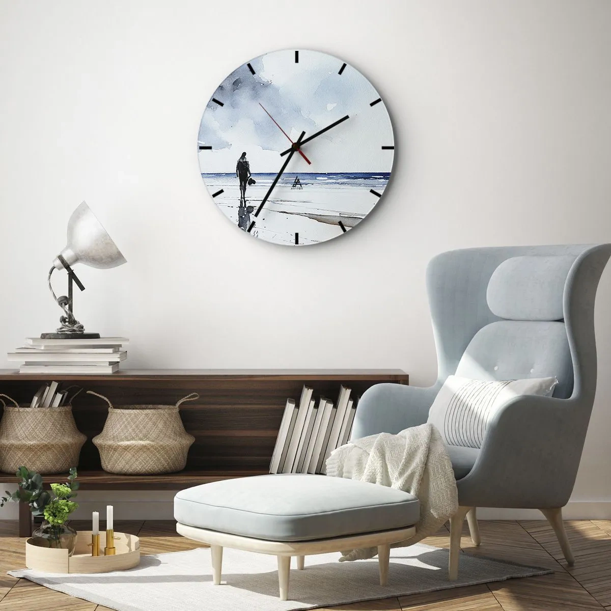 Orologio da parete - Orologio in Vetro - Una figura sulla spiaggia che guarda verso il mare - 30x30cm - Dialogo con il mare - Decorazione murale moderna per soggiorno, cucina e camera da letto ARTTOR
