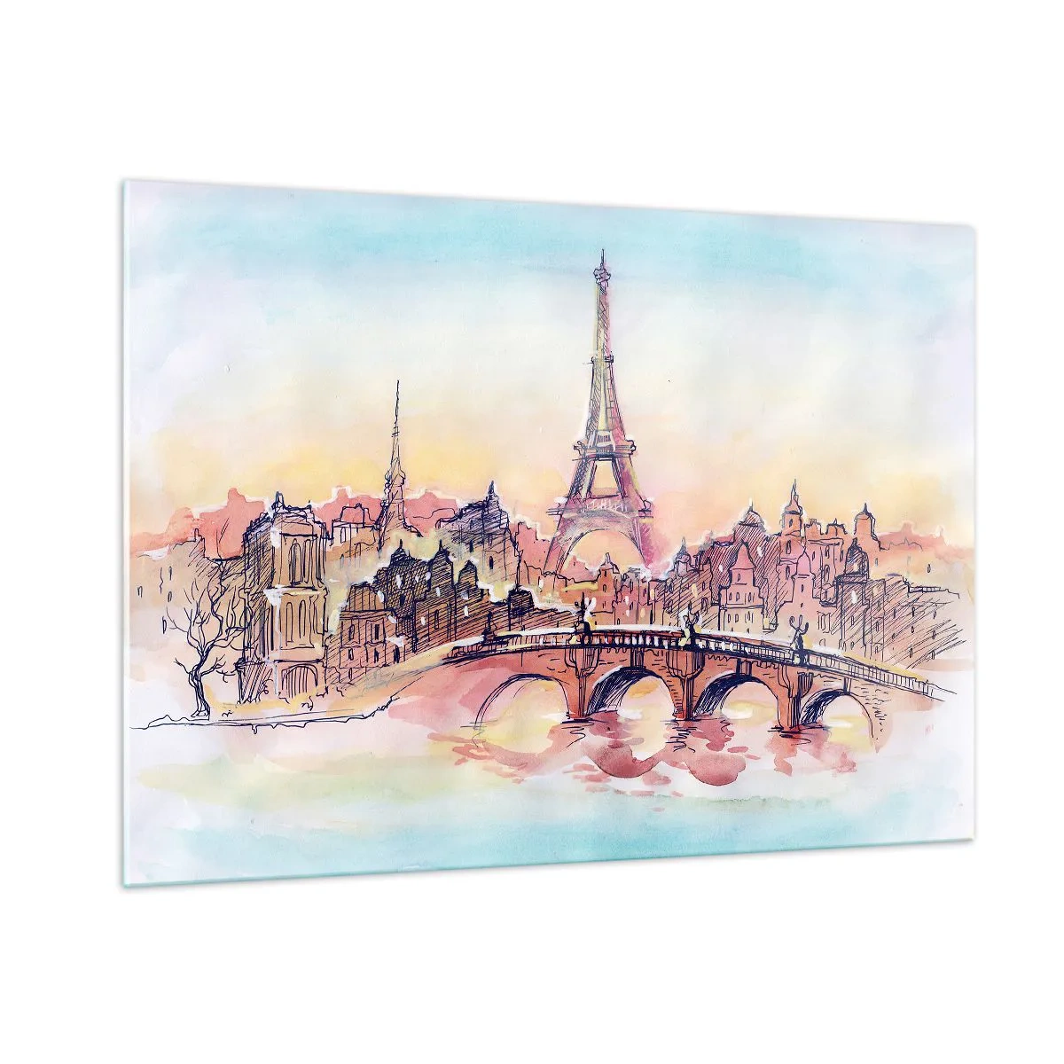 Quadro su vetro - Un panorama di Parigi con la Torre Eiffel in un delicato stile acquerello - 100x70cm - L'unica città così al mondo - Decorazione murale moderna per soggiorno e camera da letto ARTTOR