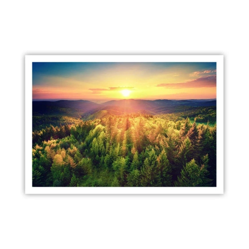 Poster - Paesaggio forestale con tramonto sulle colline - 100x70cm - Vette e cime - Decorazione murale moderna per soggiorno e camera da letto ARTTOR