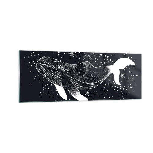 Quadro su vetro - Illustrazione grafica di una balena in stile spaziale. - 140x50cm - Nell'oceano dell'universo - Decorazione murale moderna per soggiorno e camera da letto ARTTOR
