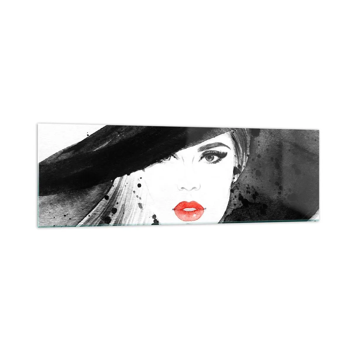 Quadro su vetro - Ritratto di una donna con un cappello e labbra rosse - 160x50cm - Donna in nero - Decorazione murale moderna per soggiorno e camera da letto ARTTOR