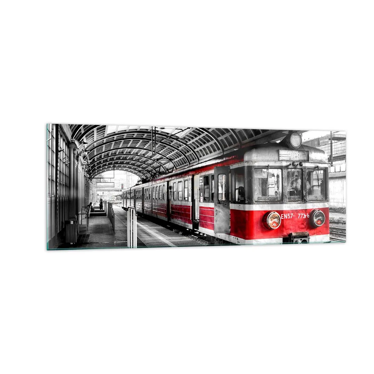 Quadro su vetro - Trenino rosso alla stazione sotto un tetto - 140x50cm - Sarà il viaggio della propria vita? - Decorazione murale moderna per soggiorno e camera da letto ARTTOR