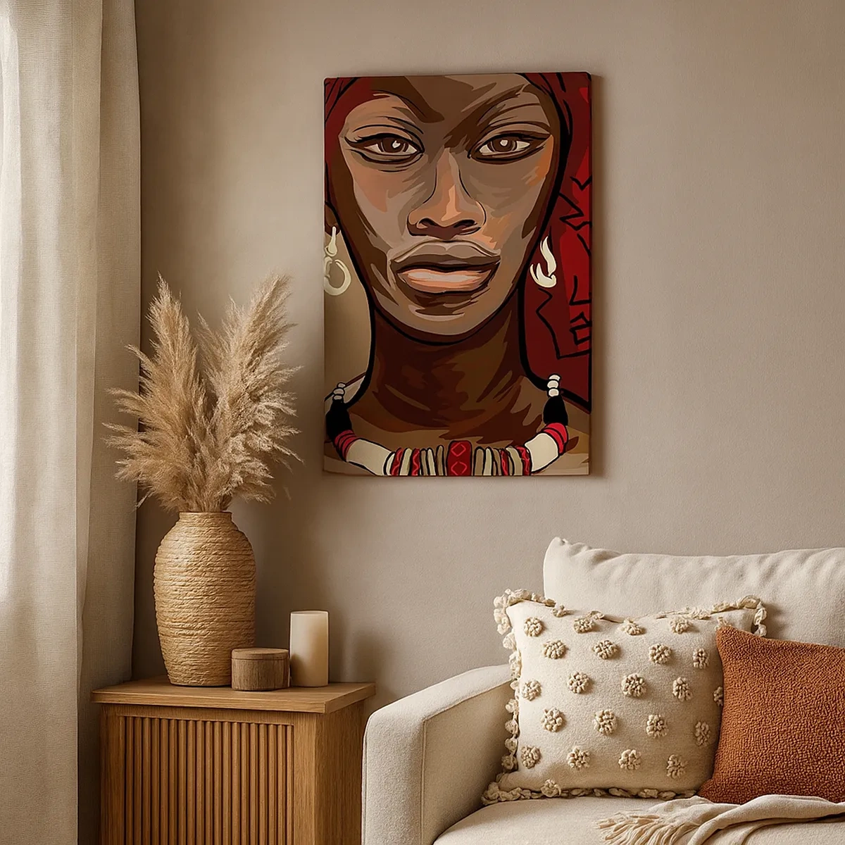 Quadro su tela - Stampe su Tela - Ritratto di una donna con un turbante rosso su sfondo beige - 50x70cm - Venere di ebano - Decorazione murale moderna per soggiorno e camera da letto ARTTOR