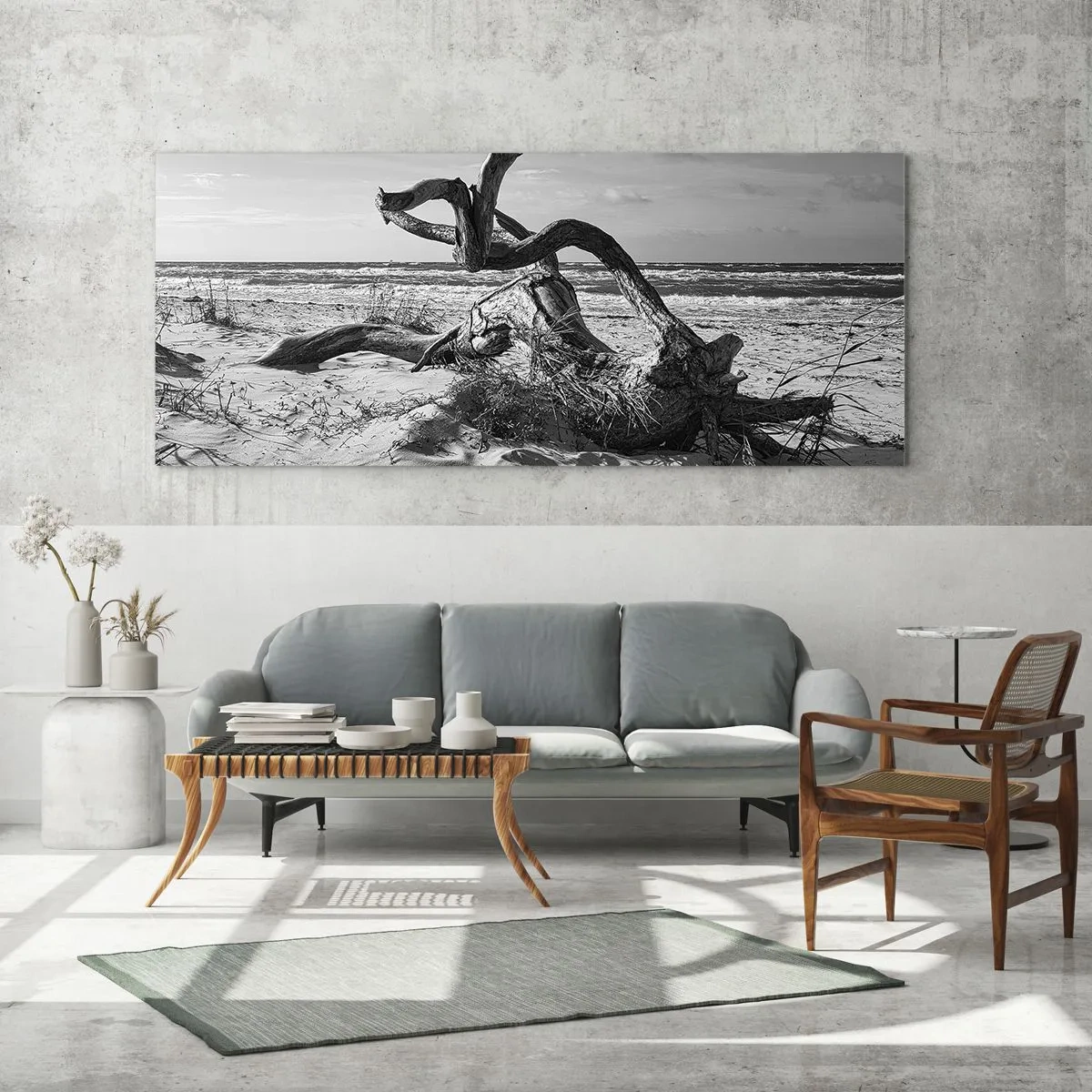 Quadro su vetro - Paesaggio in bianco e nero con un albero morto sulla spiaggia - 140x50cm - Scolpito dal mare - Decorazione murale moderna per soggiorno e camera da letto ARTTOR