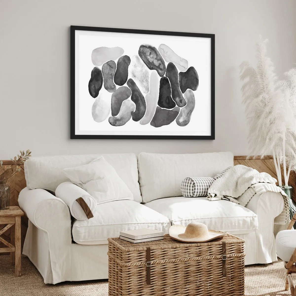 Poster in cornice nera - Astrazione in bianco e nero con macchie irregolari su sfondo bianco - 70x50cm - Astrazione rocciosa - Decorazione murale moderna per soggiorno e camera da letto ARTTOR