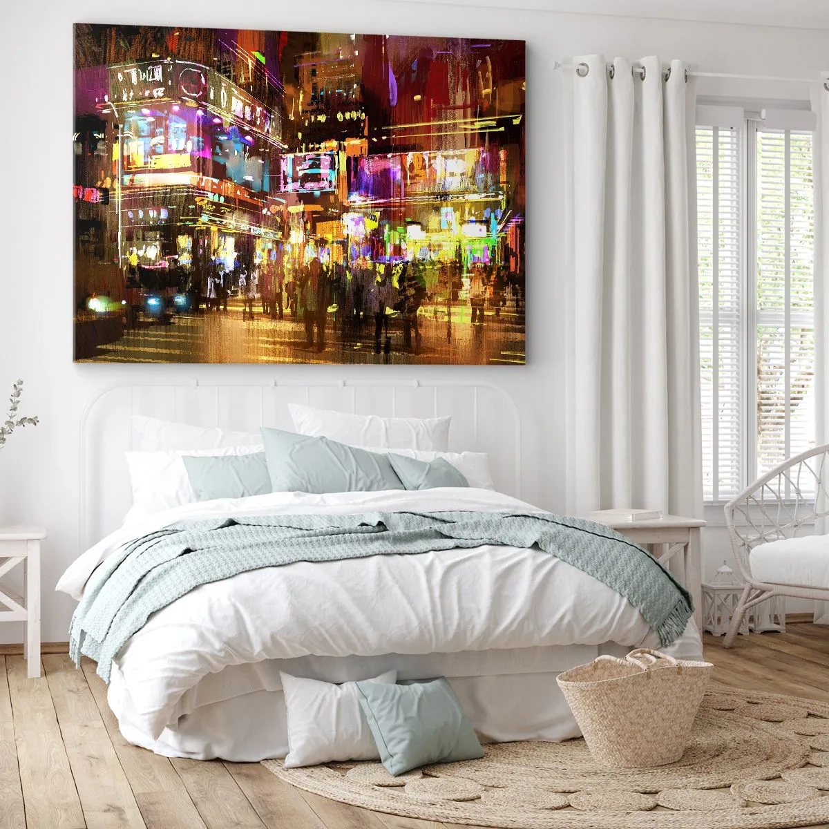 Quadro su tela - Stampe su Tela - Una città vibrante di notte alla luce del neon - 100x70cm - Nel mare di luce - Decorazione murale moderna per soggiorno e camera da letto ARTTOR
