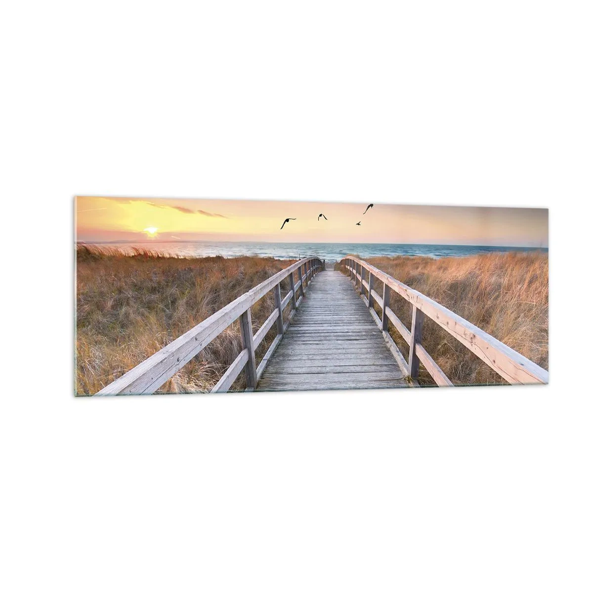 Quadro su vetro - Molo di legno che conduce alla spiaggia al tramonto - 140x50cm - Spazio per volare - Decorazione murale moderna per soggiorno e camera da letto ARTTOR