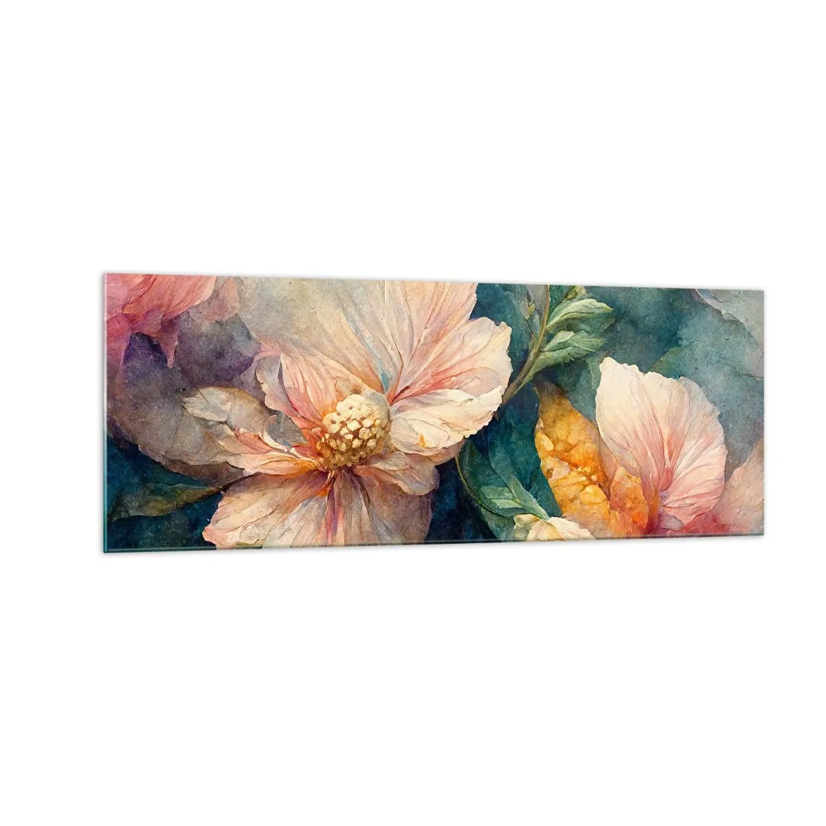 Quadro su vetro - Fiori delicati in colori pastello - 140x50cm - Delicatezza pura - Decorazione murale moderna per soggiorno e camera da letto ARTTOR