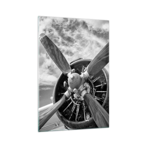 Quadro su vetro - Una foto in bianco e nero dell'elica di un aereo contro un cielo dinamico. - 70x100cm - Il dominatore dell'aria - Decorazione murale moderna per soggiorno e camera da letto ARTTOR