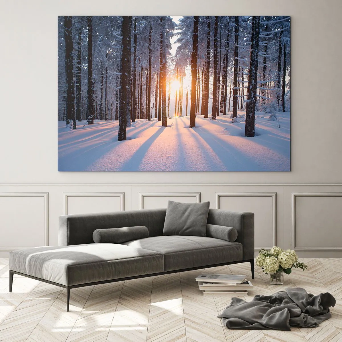 Quadro su vetro - Foresta invernale con raggi di sole che brillano attraverso gli alberi - 100x70cm - Decisamente nero su bianco - Decorazione murale moderna per soggiorno e camera da letto ARTTOR