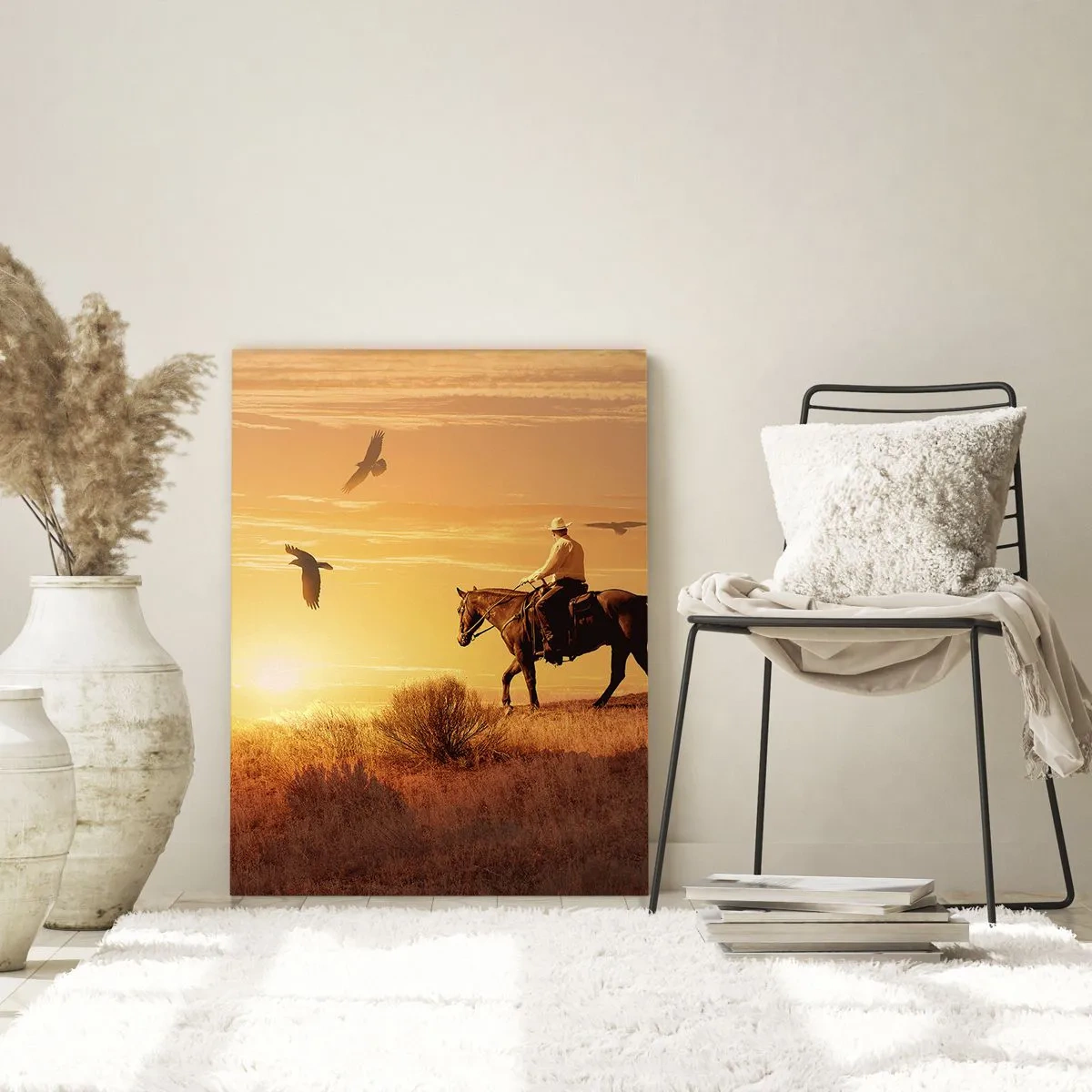Quadro su vetro - Un cavaliere a cavallo al tramonto sullo sfondo della prateria - 70x100cm - Da solo nella prateria - Decorazione murale moderna per soggiorno e camera da letto ARTTOR