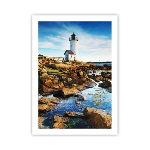 Poster - Un faro su una costa rocciosa in una giornata di sole - 50x70cm - Tornate sani e salvi, vi aspetto - Decorazione murale moderna per soggiorno e camera da letto ARTTOR