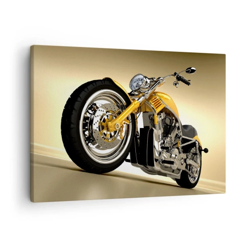 Quadro su tela - Stampe su Tela - Una motocicletta gialla in stile chopper contro un muro beige - 70x50cm - Sogno di forza e di velocità - Decorazione murale moderna per soggiorno e camera da letto ARTTOR