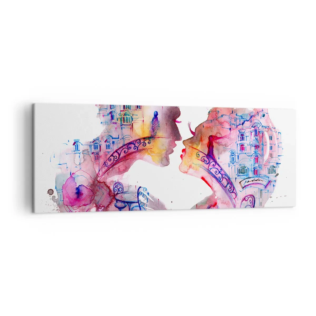 Quadro su tela - Stampe su Tela - Un acquerello romantico che raffigura le sagome degli innamorati - 140x50cm - Misterioso ponte dei sospiri - Decorazione murale moderna per soggiorno e camera da letto ARTTOR
