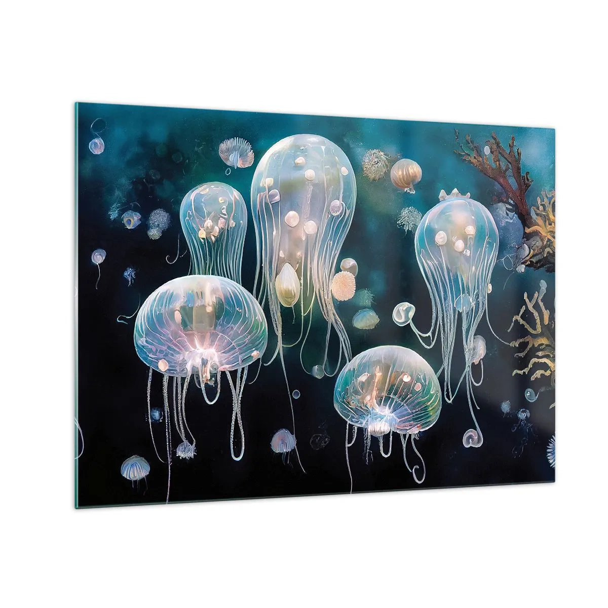 Quadro su vetro - Meduse nella danza luminosa del mondo sottomarino - 70x50cm - Danza sottomarina - Decorazione murale moderna per soggiorno e camera da letto ARTTOR