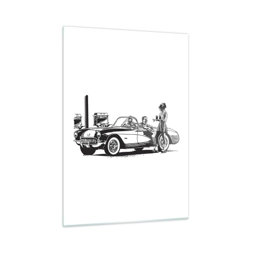 Quadro su vetro - Grafica creativa con un'auto classica e personaggi - 50x70cm - Anni '60: l'America spensierata - Decorazione murale moderna per soggiorno e camera da letto ARTTOR