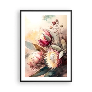 Poster in cornice nera - Un bouquet di fiori di protea dai colori delicati - 50x70cm - Di profilo e di fronte - Decorazione murale moderna per soggiorno e camera da letto ARTTOR