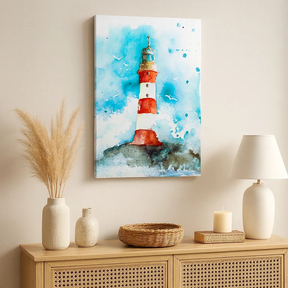 Quadro su tela - Stampe su Tela - Un faro in un ambiente acquerello con uno sfondo blu - 50x70cm - L'unità dei quattro elementi - Decorazione murale moderna per soggiorno e camera da letto ARTTOR