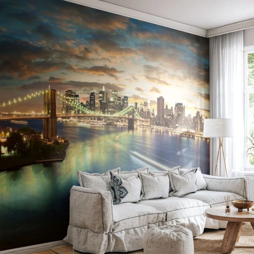 Fotomurali Autoadesivo Deluxe Sticker - Il cielo luminoso sopra Manhattan - Città, Ponte, New York - 100x70 cm