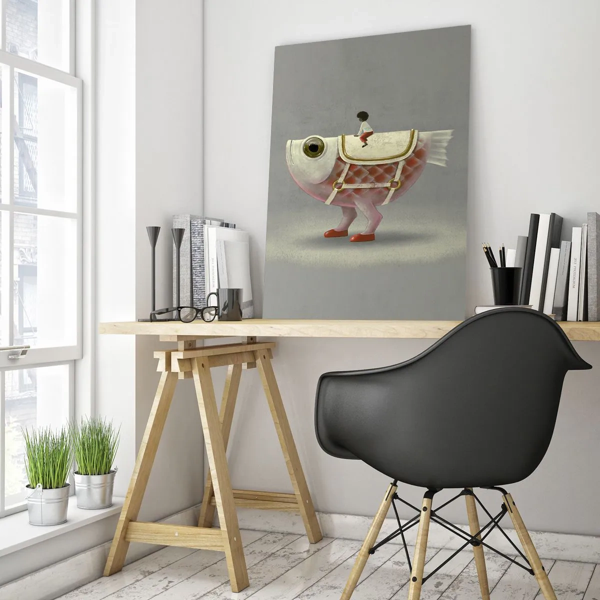 Quadro su vetro - Una figura che cavalca un pesce rosa con gambe e sella - 50x70cm - Il cavaliere del pesce - Decorazione murale moderna per soggiorno e camera da letto ARTTOR