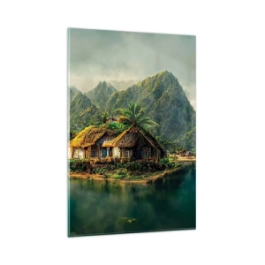 Quadro su vetro - Un'isola tropicale con palme e montagne sullo sfondo - 80x120cm - Paradiso tropicale - Decorazione murale moderna per soggiorno e camera da letto ARTTOR
