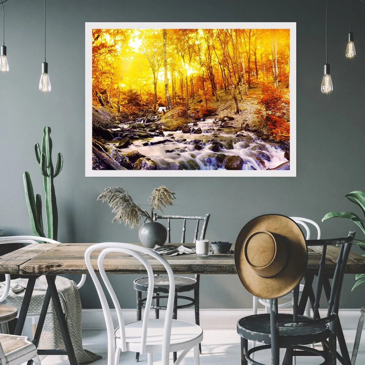 Poster - Foresta autunnale con ruscello tra foglie dorate - 100x70cm - Pietre incorniciate in oro e platino - Decorazione murale moderna per soggiorno e camera da letto ARTTOR
