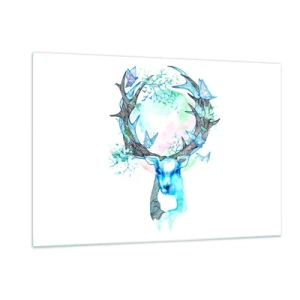 Quadro su vetro - Illustrazione di un cervo con farfalle sulle sue corna - 120x80cm - La forza e la delicatezza della natura - Decorazione murale moderna per soggiorno e camera da letto ARTTOR