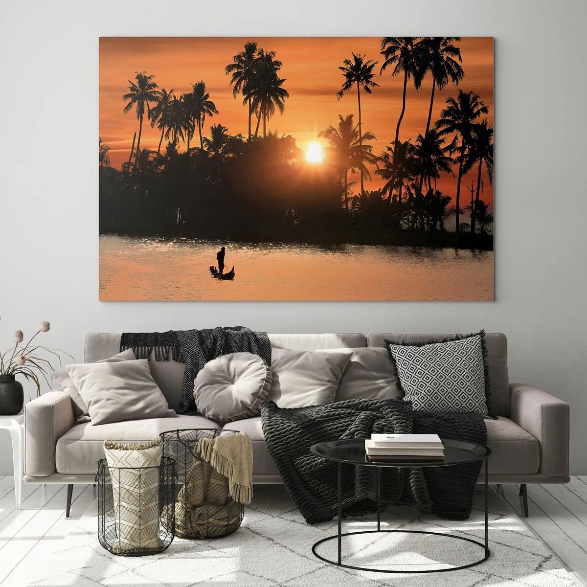 Quadro su vetro - Paesaggio tropicale con palme e tramonto sul fiume - 120x80cm - Il tempo del riposo - Decorazione murale moderna per soggiorno e camera da letto ARTTOR