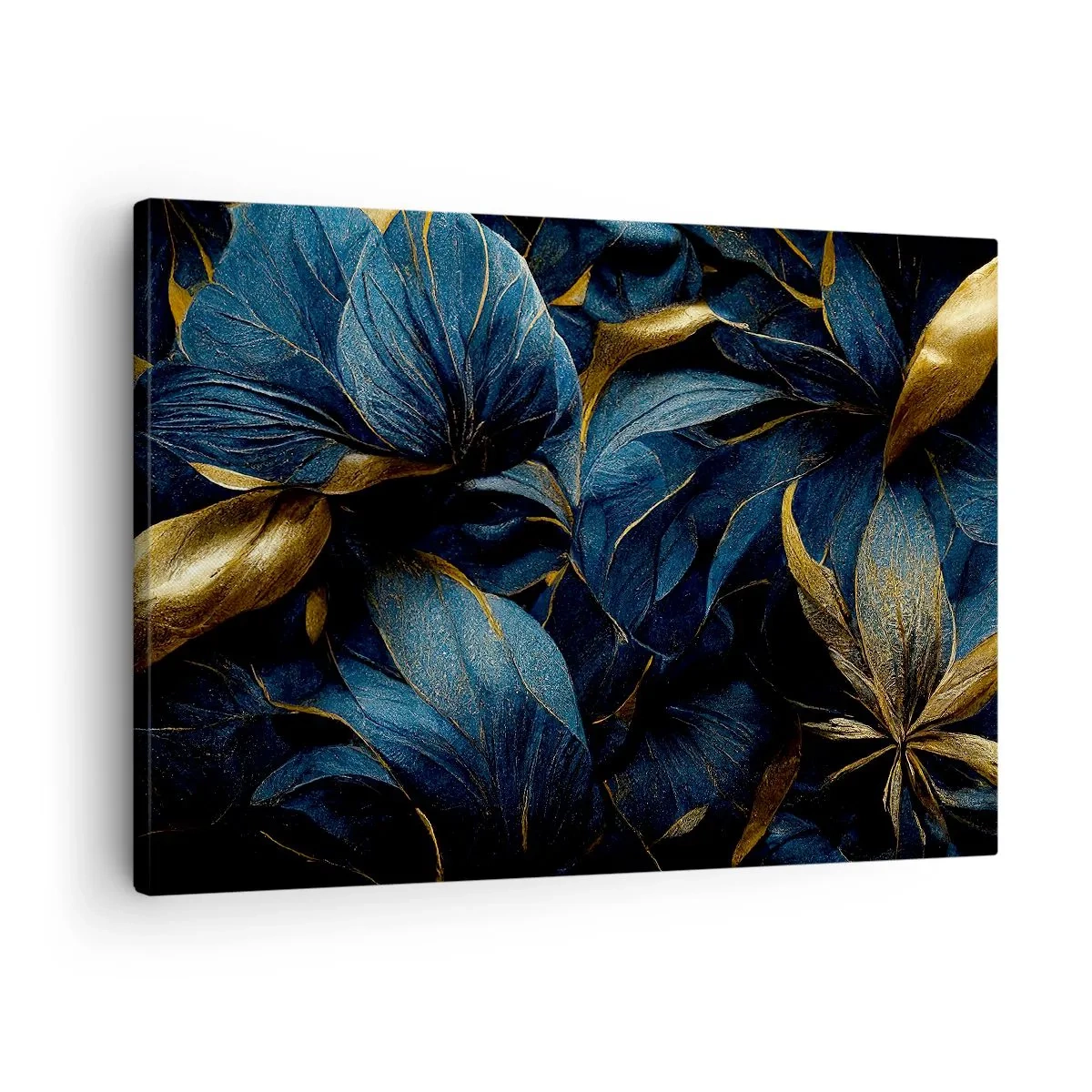 Quadro su tela - Stampe su Tela - Eleganti foglie nei toni dell'oro e del blu navy - 70x50cm - Foderati d'oro - Decorazione murale moderna per soggiorno e camera da letto ARTTOR