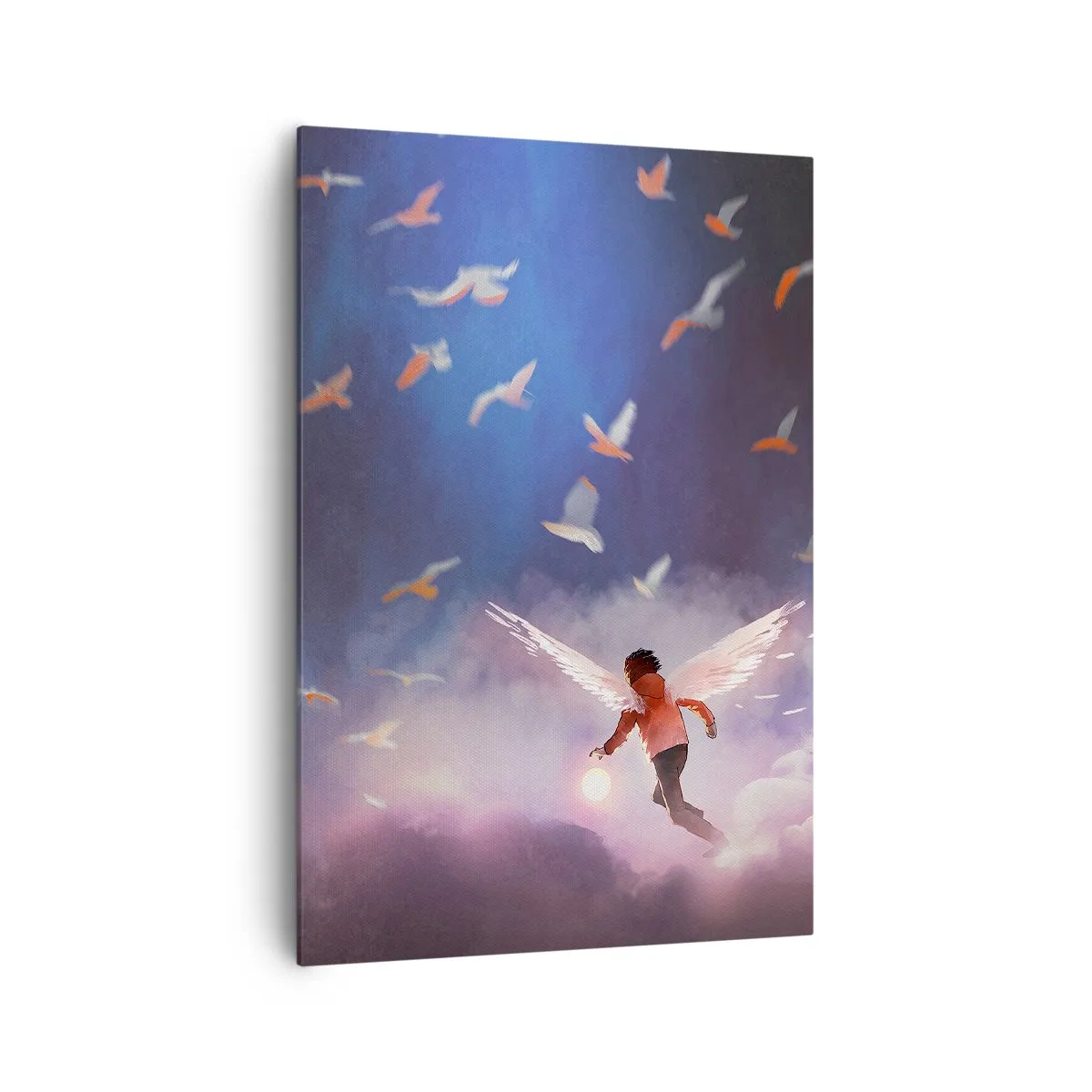 Quadro su tela - Stampe su Tela - Una figura con ali d'angelo che fluttua tra gli uccelli nel cielo - 70x100cm - Bisogna avere fantasia e coraggio - Decorazione murale moderna per soggiorno e camera da letto ARTTOR