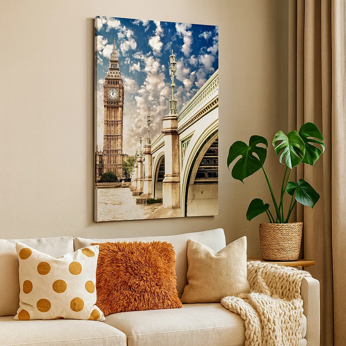 Quadro su tela - Stampe su Tela - Il Big Ben e il ponte di Westminster illuminati dal sole a Londra - 50x70cm - Cirri sul Tamigi - Decorazione murale moderna per soggiorno e camera da letto ARTTOR