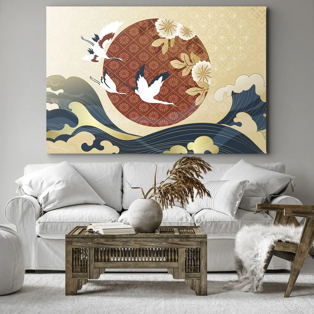 Quadro su tela - Stampe su Tela - Composizione giapponese con gru e onde - 70x50cm - Favola giapponese - Decorazione murale moderna per soggiorno e camera da letto ARTTOR