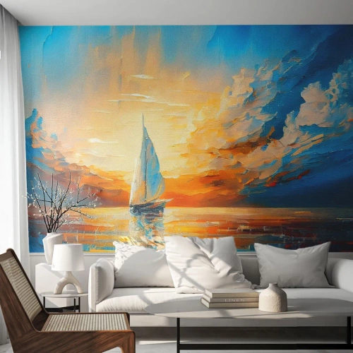 Fotomurali Premium Sand - Una barca a vela in mare al tramonto - 100x70cm - Navigando nell'oro - Decorazione murale moderna per soggiorno e camera da letto ARTTOR