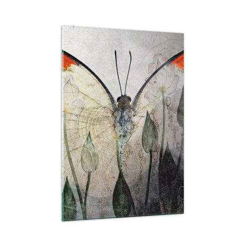 Quadro su vetro - Una farfalla artistica circondata da delicati fiori su uno sfondo grigio. - 50x70cm - Dove la farfalla si dondola sull'erba - Decorazione murale moderna per soggiorno e camera da letto ARTTOR