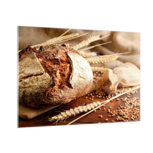 Quadro su vetro - Pane su un tagliere con spighe di grano e sacchi di grano - 100x70cm - Appetitoso, profumato, croccante - Decorazione murale moderna per soggiorno e camera da letto ARTTOR