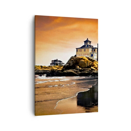 Quadro su tela - Stampe su Tela - Una casa su una roccia vicino alla spiaggia al tramonto con il suo riflesso nell'acqua - 50x70cm - L'eleganza della costa ovest - Decorazione murale moderna per soggiorno e camera da letto ARTTOR