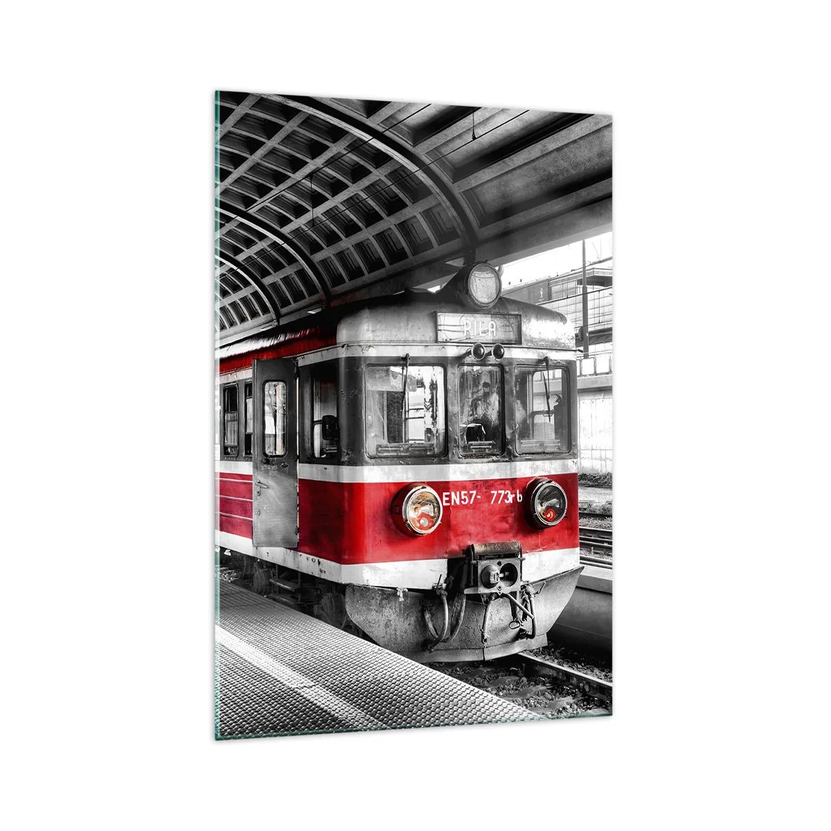Quadro su vetro - Trenino rosso alla stazione sotto un tetto - 70x100cm - Sarà il viaggio della propria vita? - Decorazione murale moderna per soggiorno e camera da letto ARTTOR