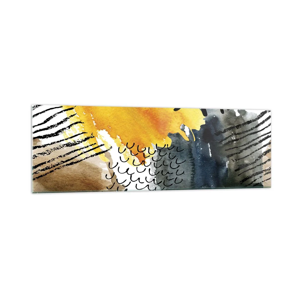 Quadro su vetro - Una composizione astratta con accenti gialli e motivi grafici. - 160x50cm - L'incontro degli elementi - Decorazione murale moderna per soggiorno e camera da letto ARTTOR