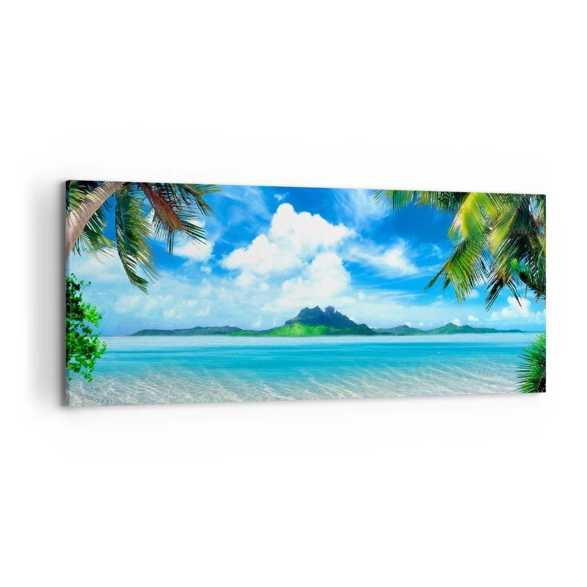 Quadro su tela - Stampe su Tela - Spiaggia tropicale con palme e vista sull'isola - 120x50cm - L'azzurro dei tropici - Decorazione murale moderna per soggiorno e camera da letto ARTTOR