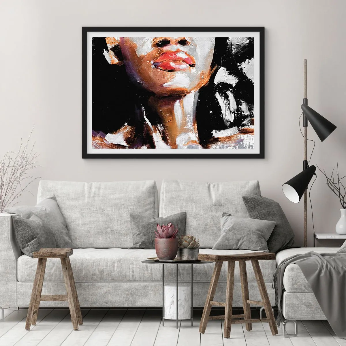 Poster in cornice nera - Ritratto di una donna in stile pittorico espressivo su uno sfondo scuro - 70x50cm - Orgoglio senza pregiudizio - Decorazione murale moderna per soggiorno e camera da letto ARTTOR
