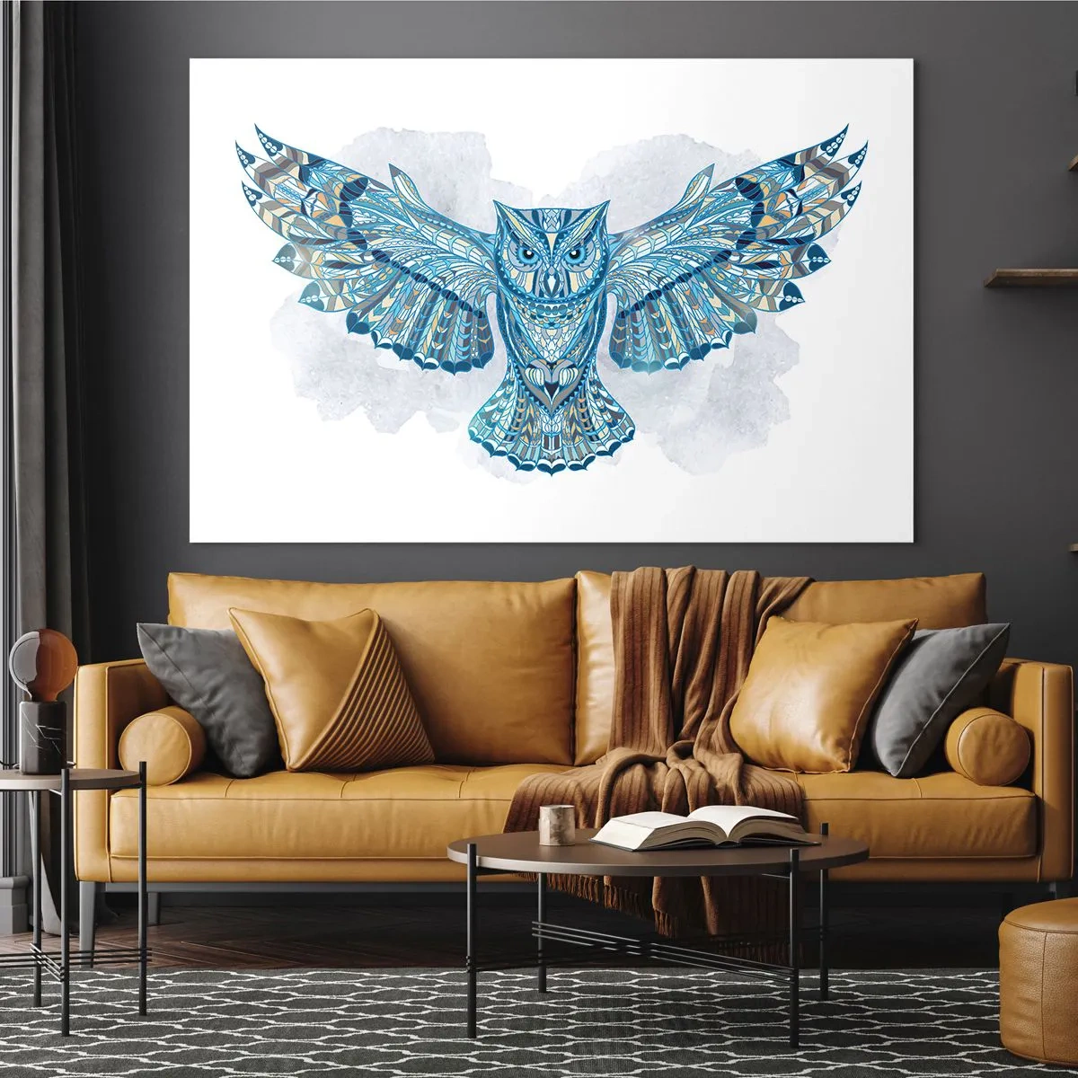 Quadro su vetro - Gufo blu con ali spiegate in stile geometrico - 120x80cm - Dal bosco sacro celtico - Decorazione murale moderna per soggiorno e camera da letto ARTTOR